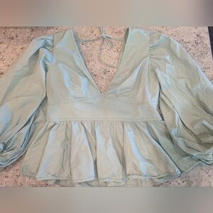 STAUD Luna Sage Green Cotton-Blend Peplum Top — Puff Sleeves — Size 16